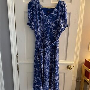 Talbots Royal Blue Floral V-Neck Midi Dress with Tie Waist